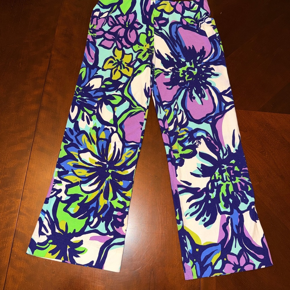 Lilly Pulitzer Floral Knit Straight Leg Pants Blue Purple Green Medium